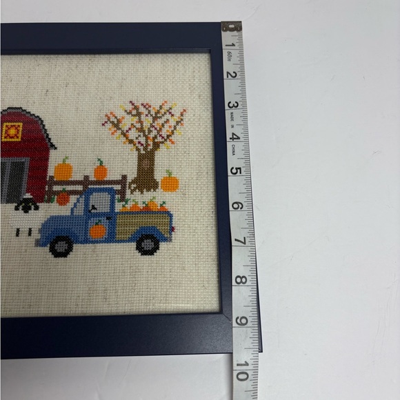 Fall Framed Cross-Stitch Art with Red Barn Scene and Pumpkins - Picture 4 of 8